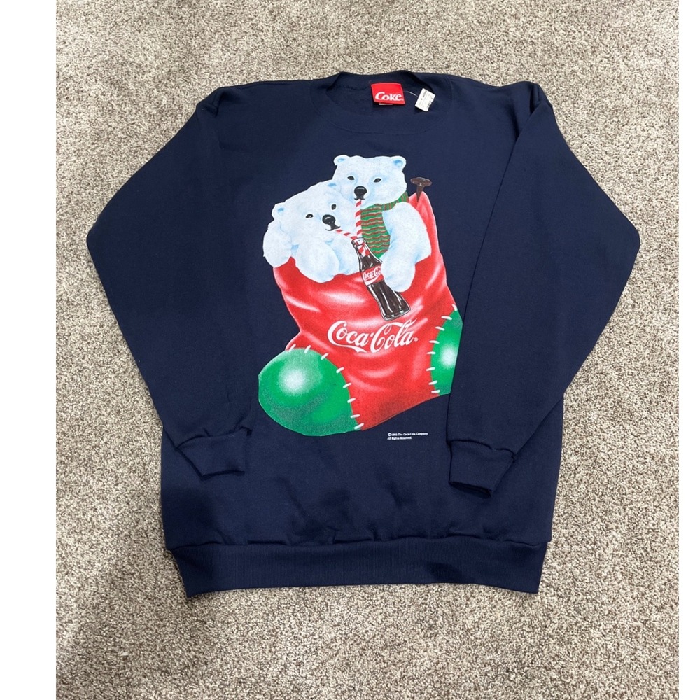Vintage 1995 Coca-Cola Christmas Polar Bear Stocking Sweatshirt Navy XL NWT US